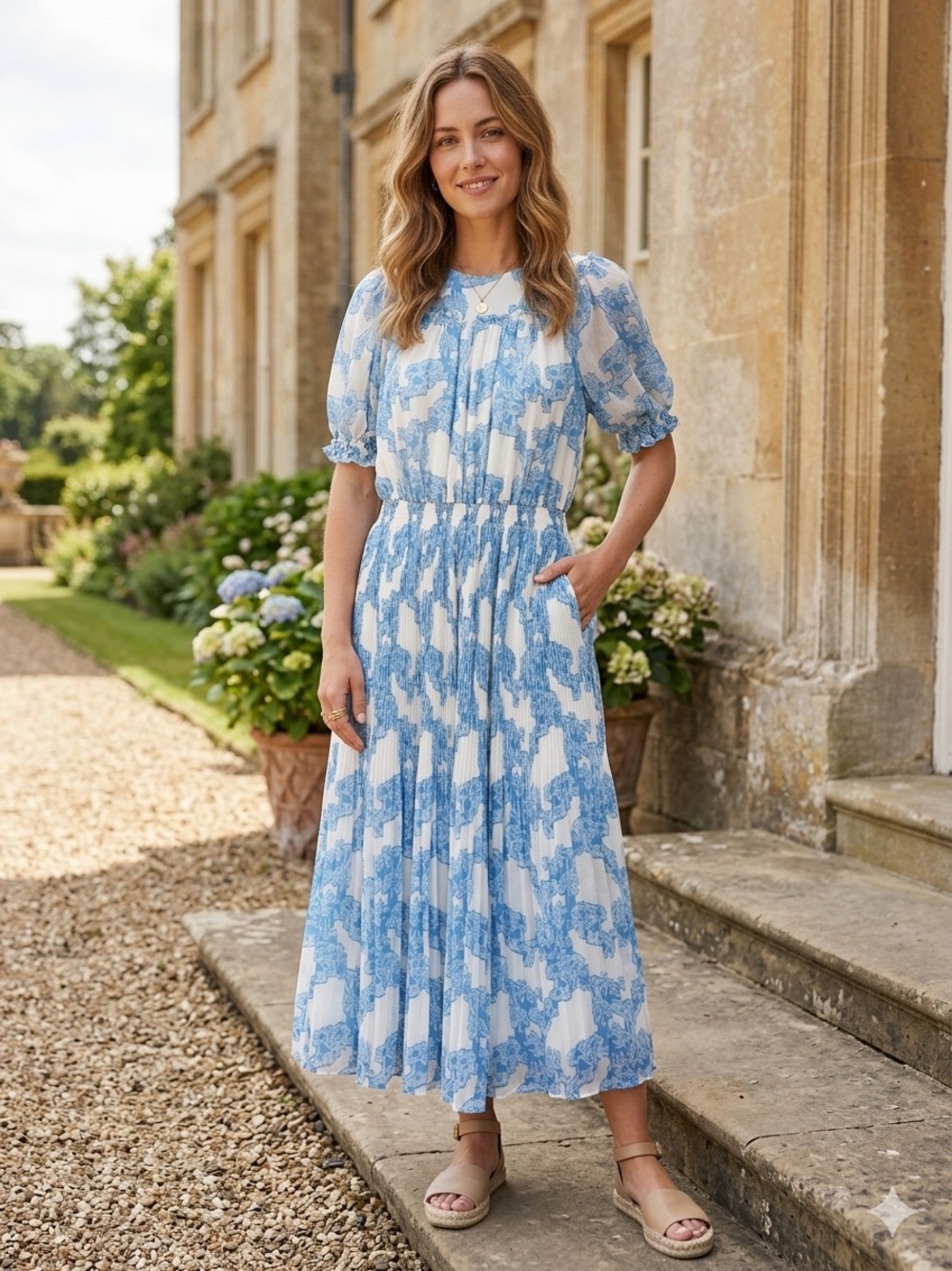 Current Air Blue Toile Pleated Midi Dress Puff Sleeve Size Small